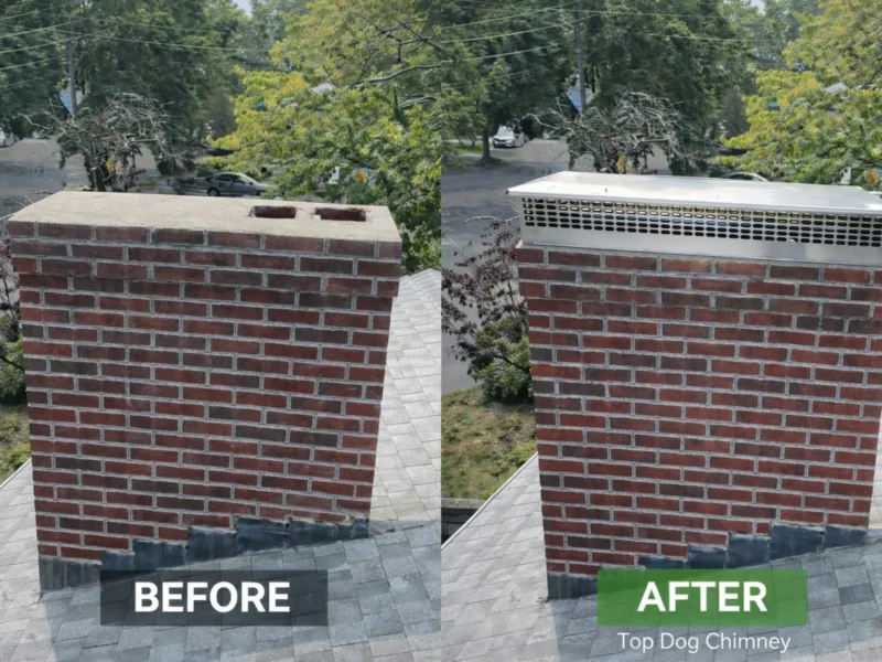 Before and after chimney cap installation in Burlington, MA by TopDog Chimney
