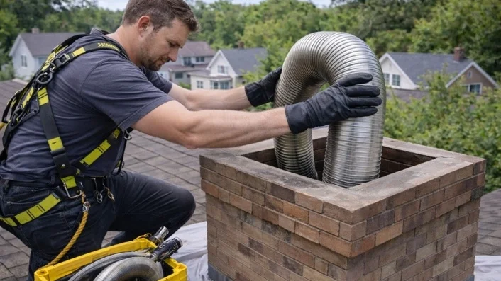 Chimney liner installation on a rooftop in Burlington, MA by TopDog Chimney