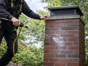 TopDog Chimney applying masonry waterproofing to a chimney in Burlington, MA