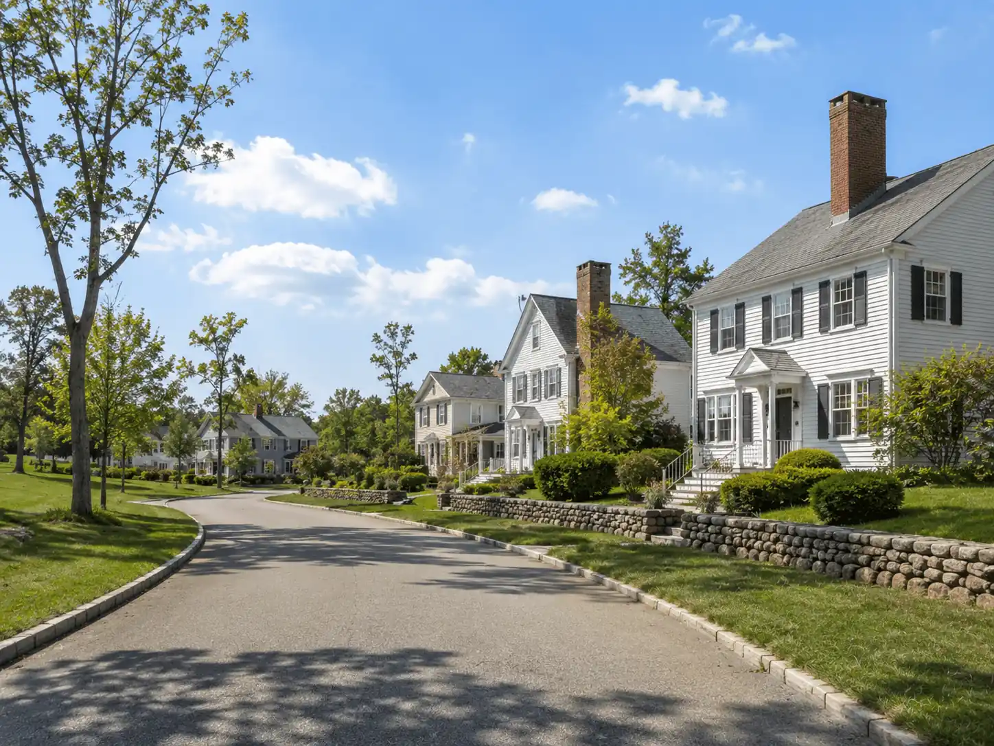White homes with chimneys along curved street