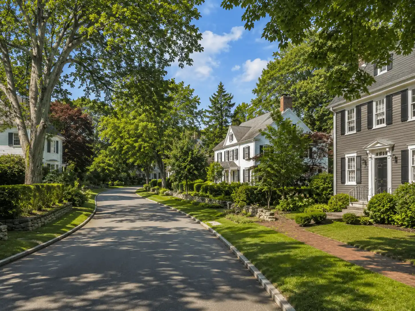 Peaceful neighborhood featuring homes with brick chimneys