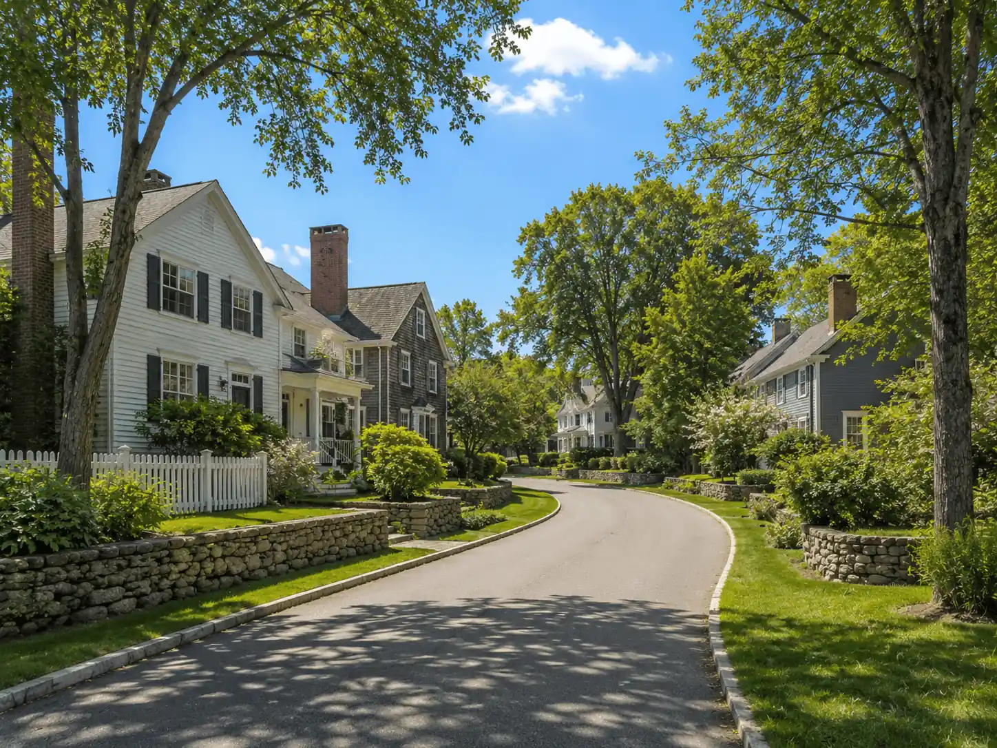 Leafy suburban road with chimney-topped houses