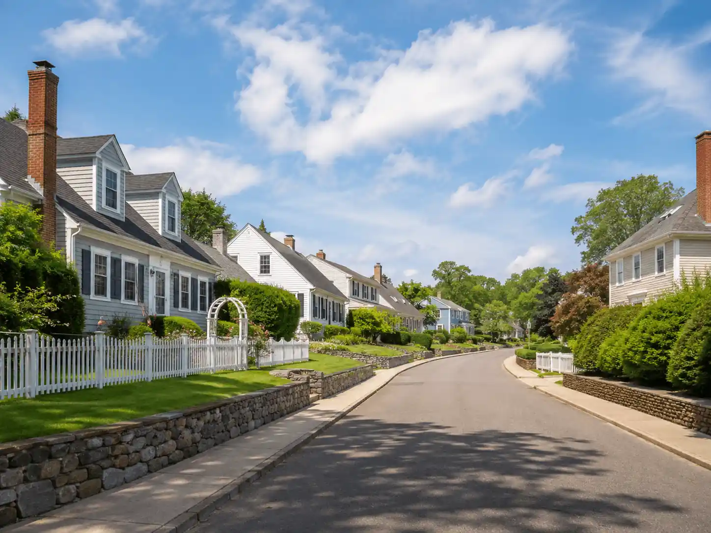Fenced suburban homes with prominent brick chimneys