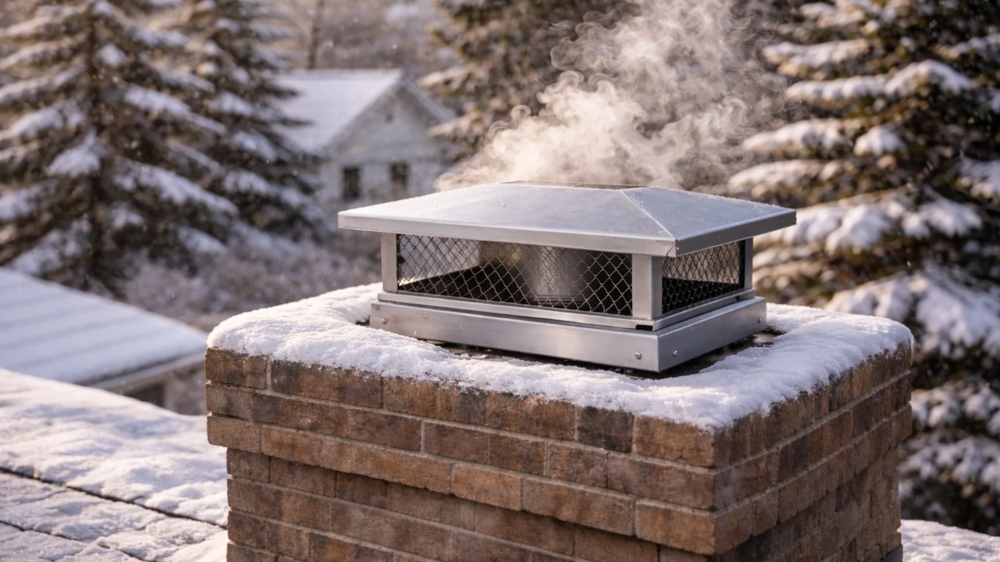 Snow-covered chimney with protective chimney cap