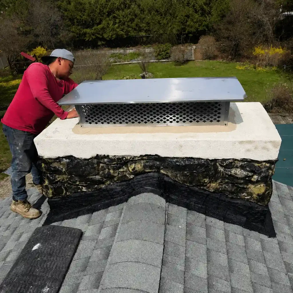 Technician installing chimney cap on masonry chimney