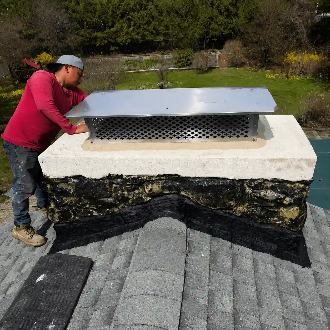 Technician installing chimney cap on masonry chimney