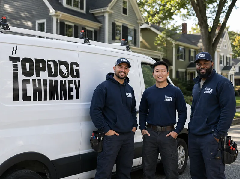 Three TopDog Chimney technicians standing in front of the company's branded service van