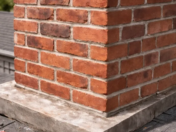 Restored brick chimney corner with fresh mortar after repair by TopDog Chimney