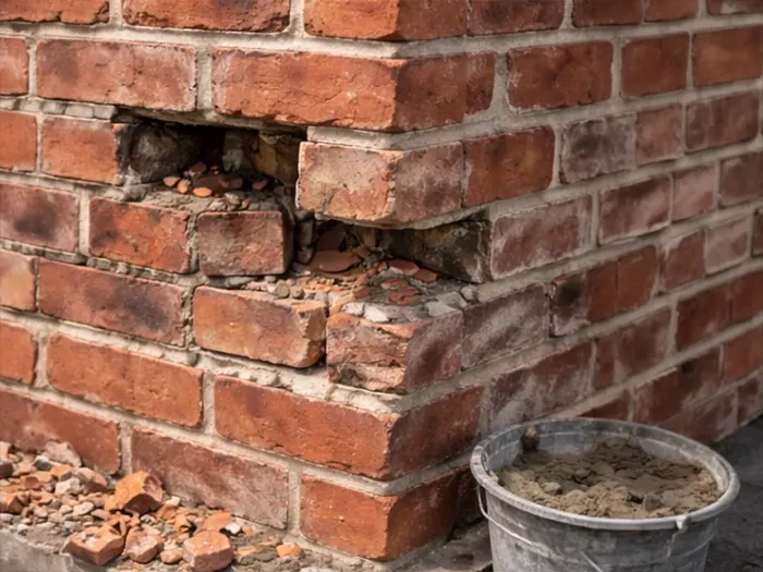 Damaged brick chimney corner with crumbling, missing bricks before repair
