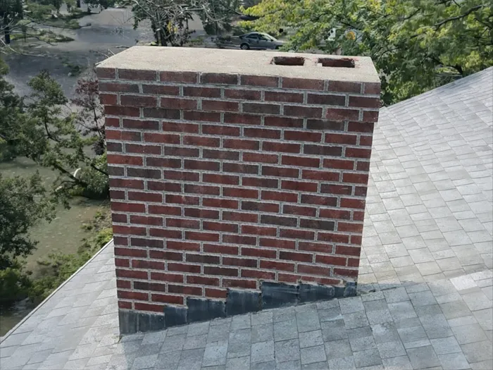 Brick chimney with an open, uncapped flue before chimney cap installation