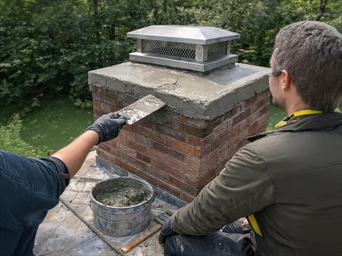 TopDog Chimney technicians applying a fresh concrete crown with a new stainless cap