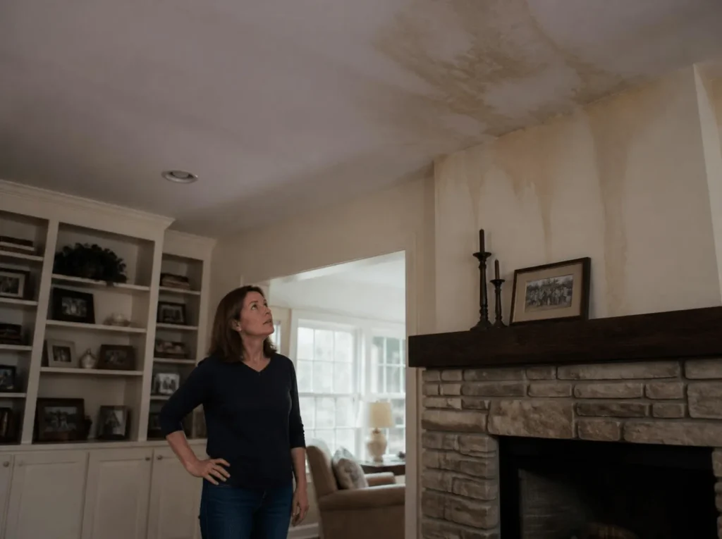 Woman inspecting ceiling water damage near fireplace