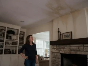Woman inspecting ceiling water damage near fireplace