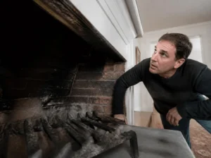 Man inspecting fireplace soot and damage